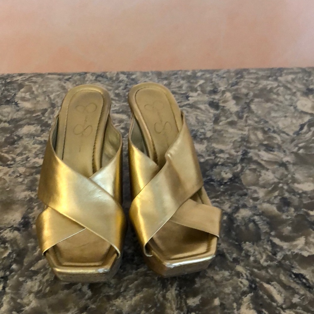 Gold Jessica Simpson wedge sandals